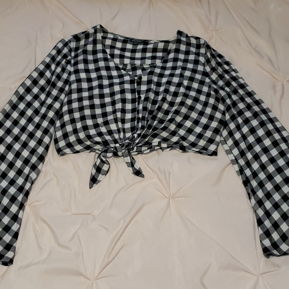 Plaid Tie-Front Bell-Sleeve Crop Top
